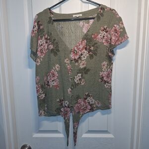 Maurices Olive Floral Tie Front Blouse Peasant Top Medium